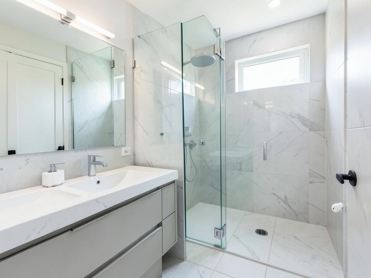 Renovated bathroom with a floating vanity and glass shower enclosure