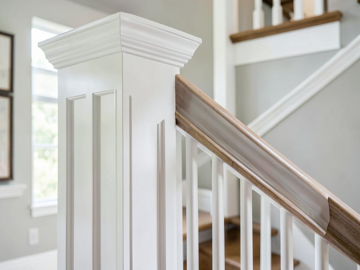 Detailed white trim carpentry on a staircase newel post and wood handrail