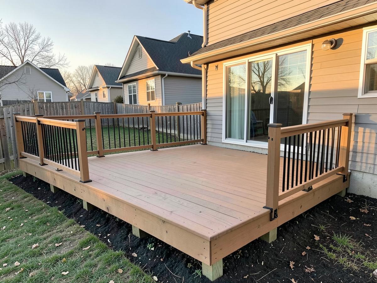 Newly built backyard deck with railing attached to a suburban home