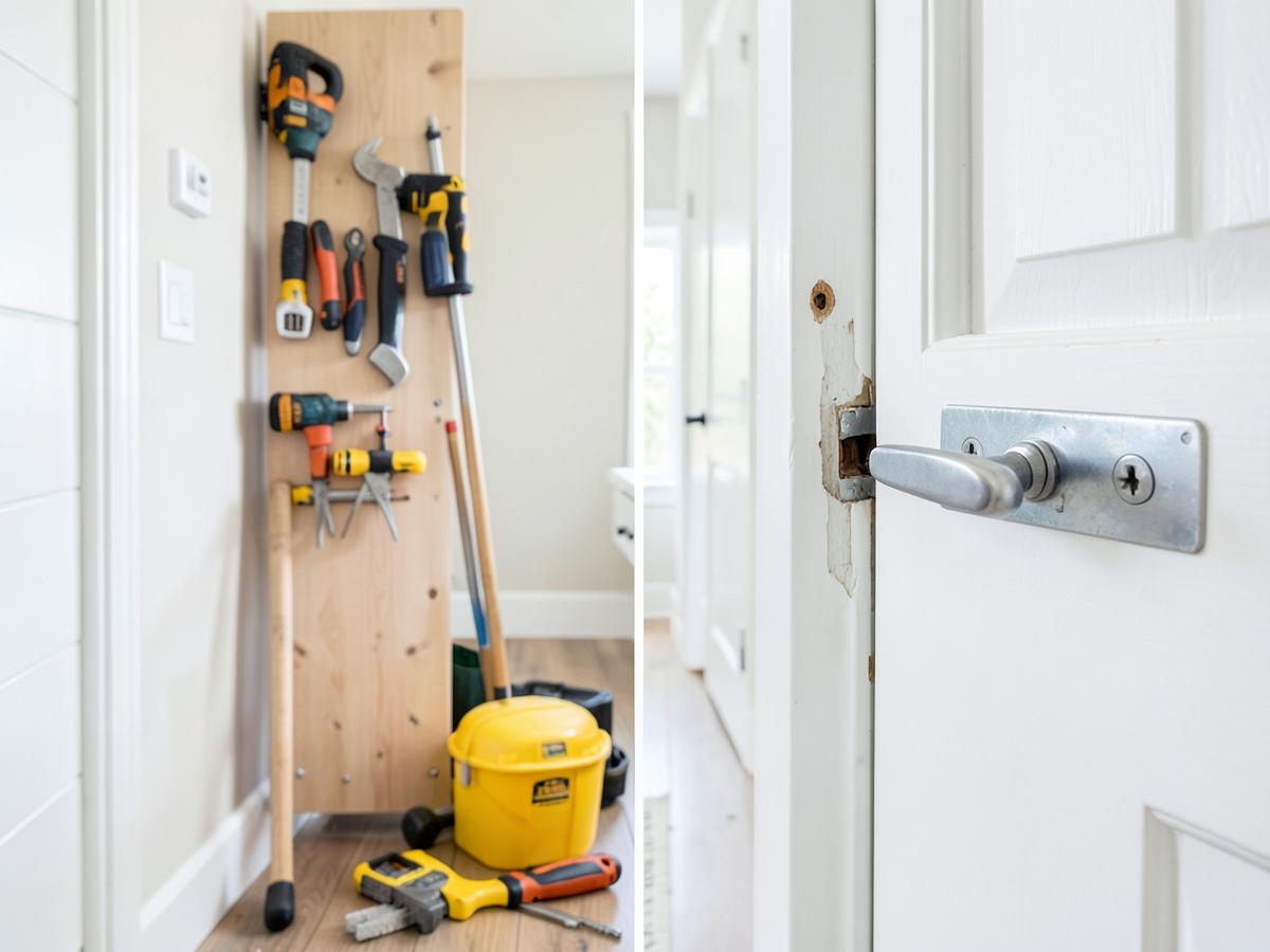 Interior door hardware repair alongside a set of contractor tools
