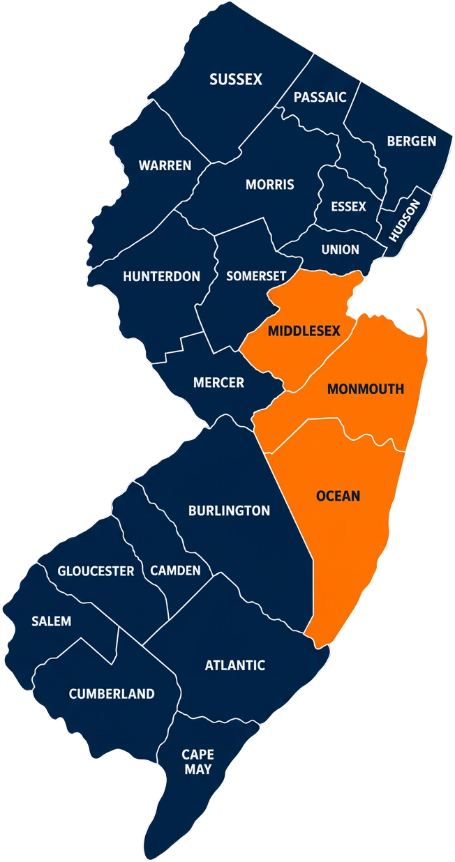 Map of New Jersey highlighting Middlesex, Monmouth and Ocean Counties